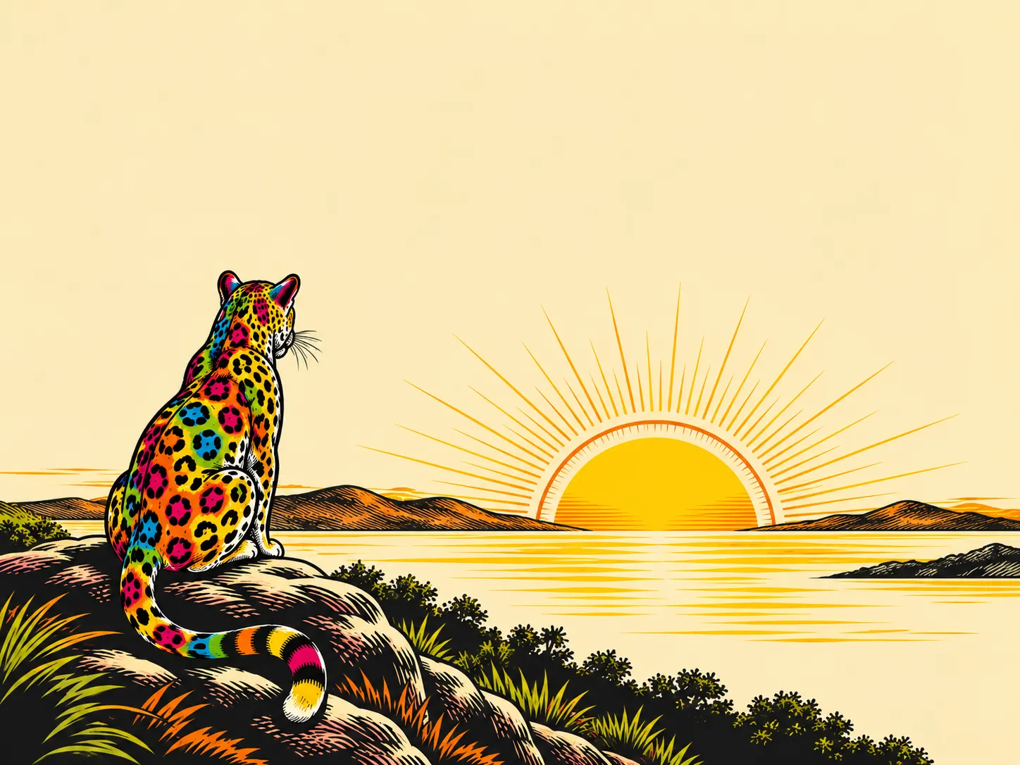 An illustrated leopard sitting on a rock, watching the sun rise over the water